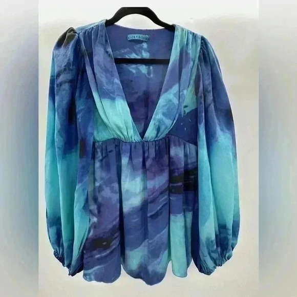 Alice‎ + Olivia Tie Dye Silk Deep V Neck Balloon Sleeve Blouse No Size Tag - Picture 1 of 8